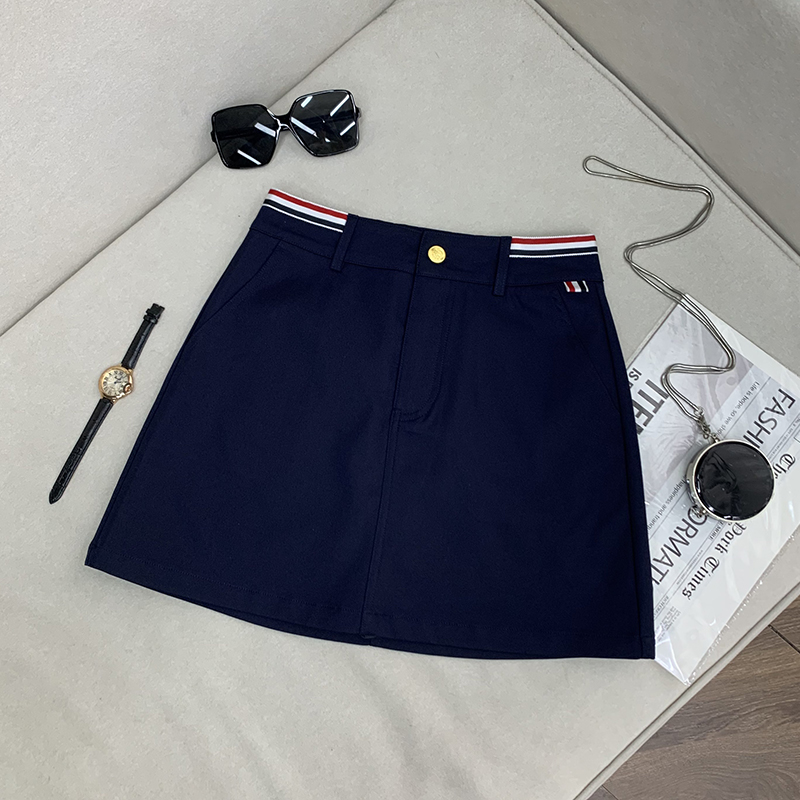 【南油溪溪】藏青色撞条纹高腰显瘦百搭半身裙薄款短裙800895   