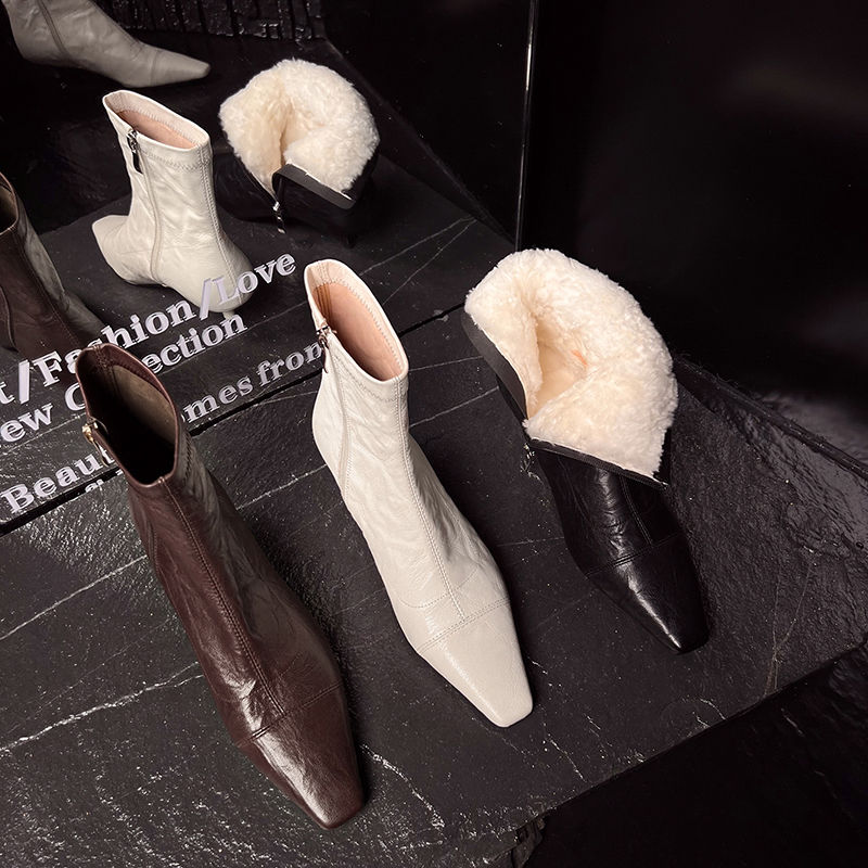 【唐唐家】法式老钱风皱面真皮短靴女加绒瘦瘦靴方头细跟短靴质感