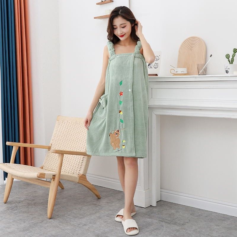 爱珊瑚立体刺绣小熊带兜可穿吊带浴裙吸水不掉毛柔软速干