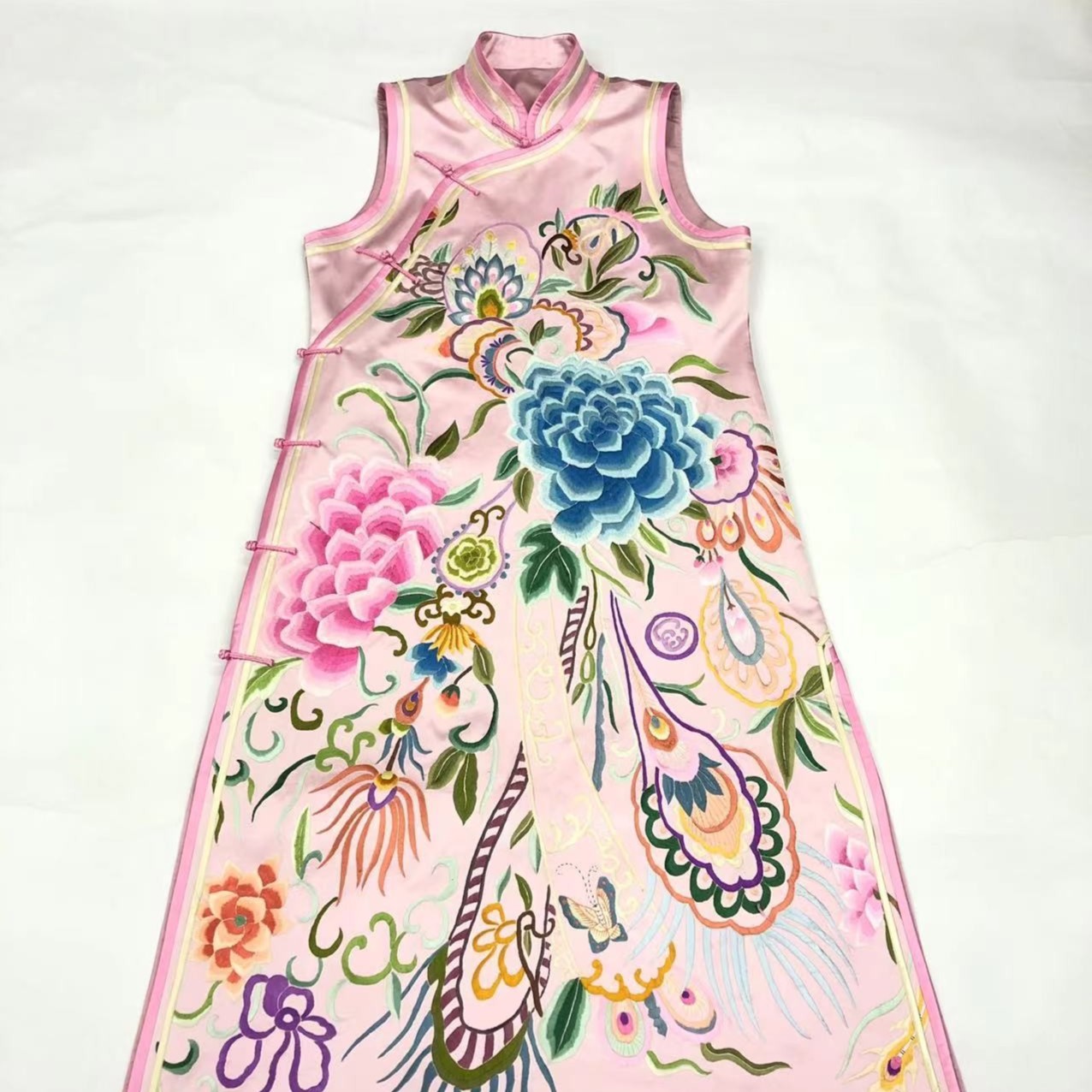 纯手工刺绣手绣京绣绣衣旗袍清代改良氅衣中式女士粉色双层四季款