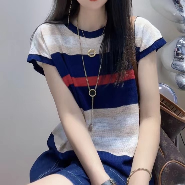 2023新款韩版设计感条纹短袖T恤夏季时尚气质宽松打底减龄