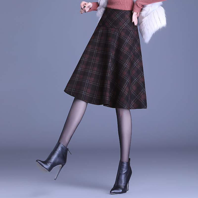 A字裙半身裙女秋冬毛呢裙格子裙中长款百褶裙显瘦伞裙子