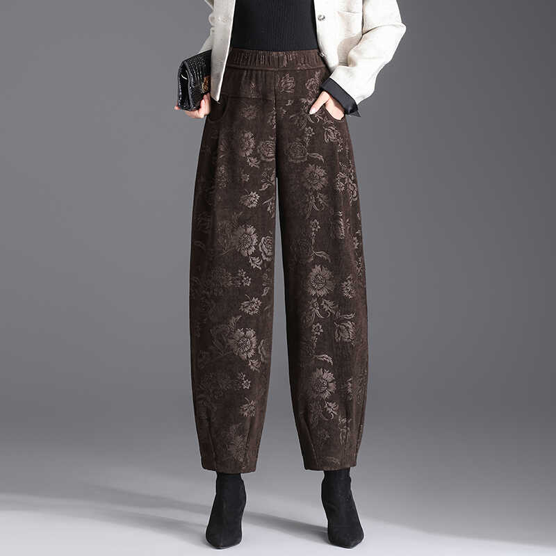 花苞裤女秋冬新款松紧腰宽松印花休闲萝卜裤中老年哈伦灯笼裤