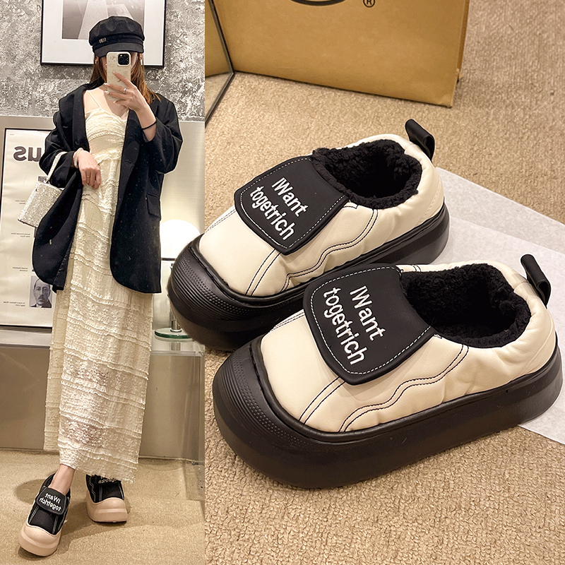 网红棉鞋女冬季加绒厚底防滑保暖PU皮防水百搭韩版外穿休闲棉拖鞋