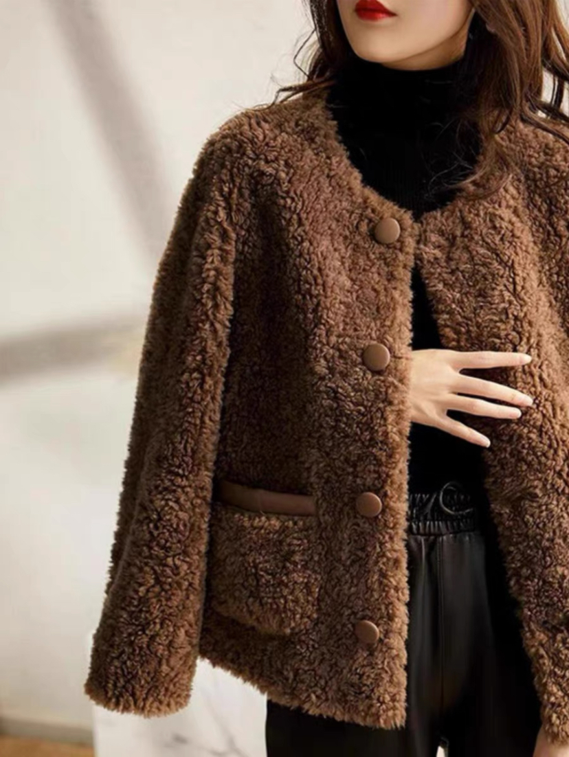 新款【100%羊毛】小香风绵羊皮包扣圆领  时尚百搭保暖羊毛外套06