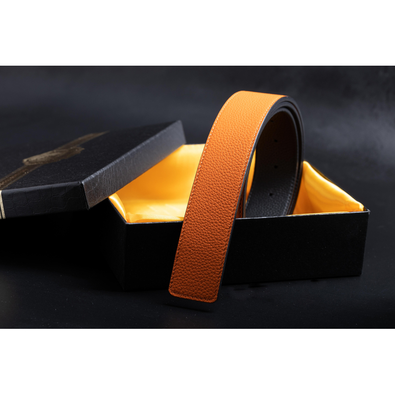 3.8头层牛皮橙色轻奢时尚经典爆款男士腰带真牛皮皮带双面通用