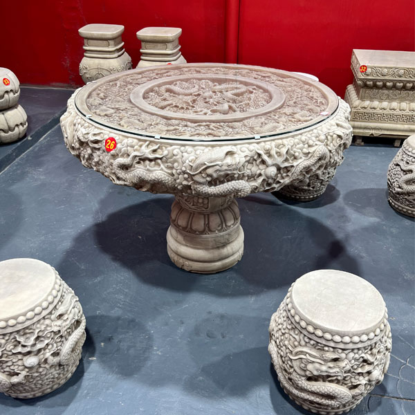 石雕石桌石凳汉白玉仿古龙桌圆桌庭院户外石桌椅石头茶桌茶台复古