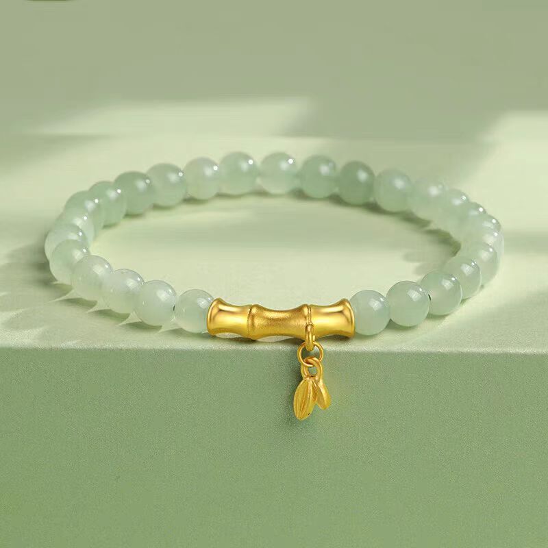 竹节黄金手链999足金弯管晴水和田玉手串玉珠生日礼物送女友老婆