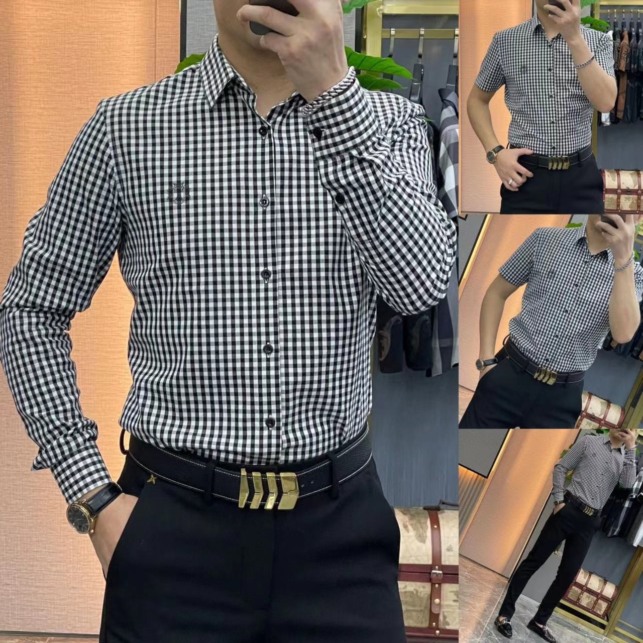 3168***男士欧货千鸟格免熨烫衬衫