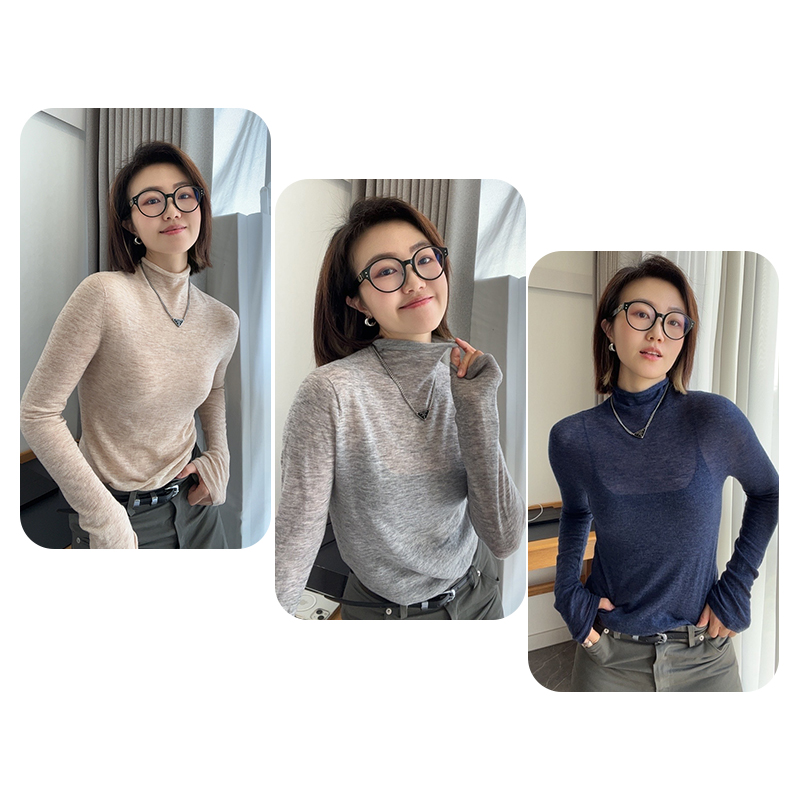 超细水溶羊毛高领长袖套头针织衫女薄款打底衫上衣--LXS7909