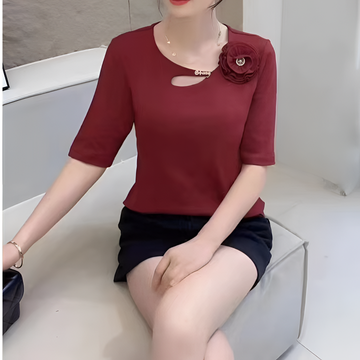 玲子家 8808早秋新款洋气小心机镂空中袖T恤显瘦百搭气质女士小衫