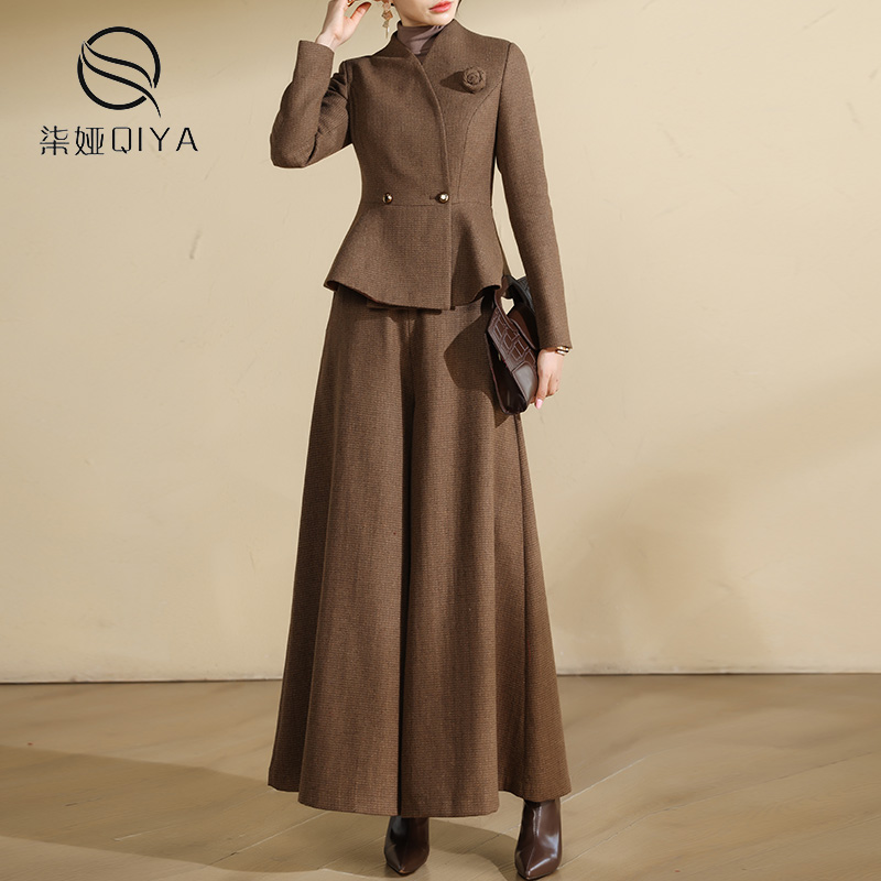 2024秋冬新款时尚毛呢套装女气质两件套阔腿九分裙裤修身显瘦外套