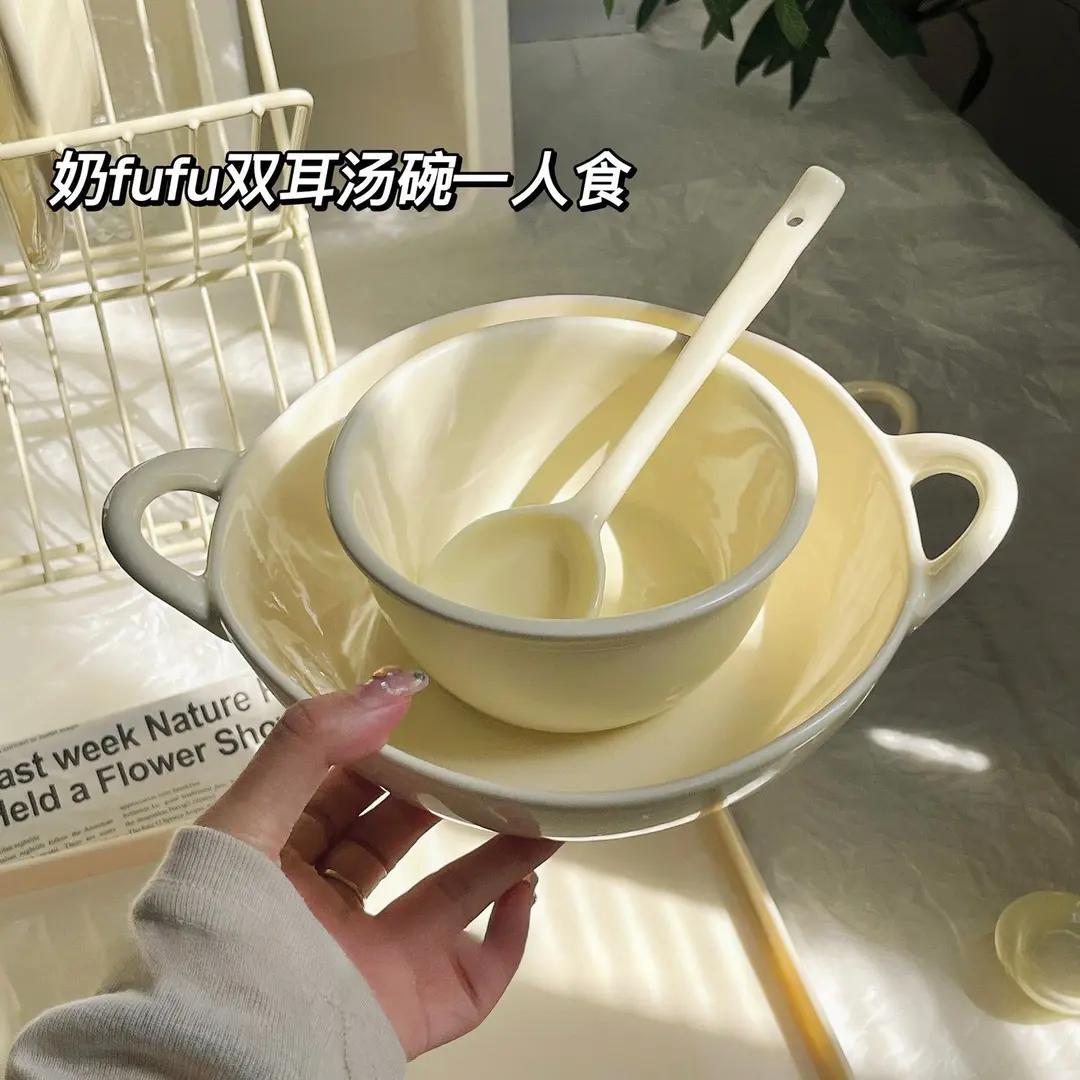 新疆西藏【3件套】奶fufu不规则双耳汤面碗釉下彩陶瓷碗泡面碗