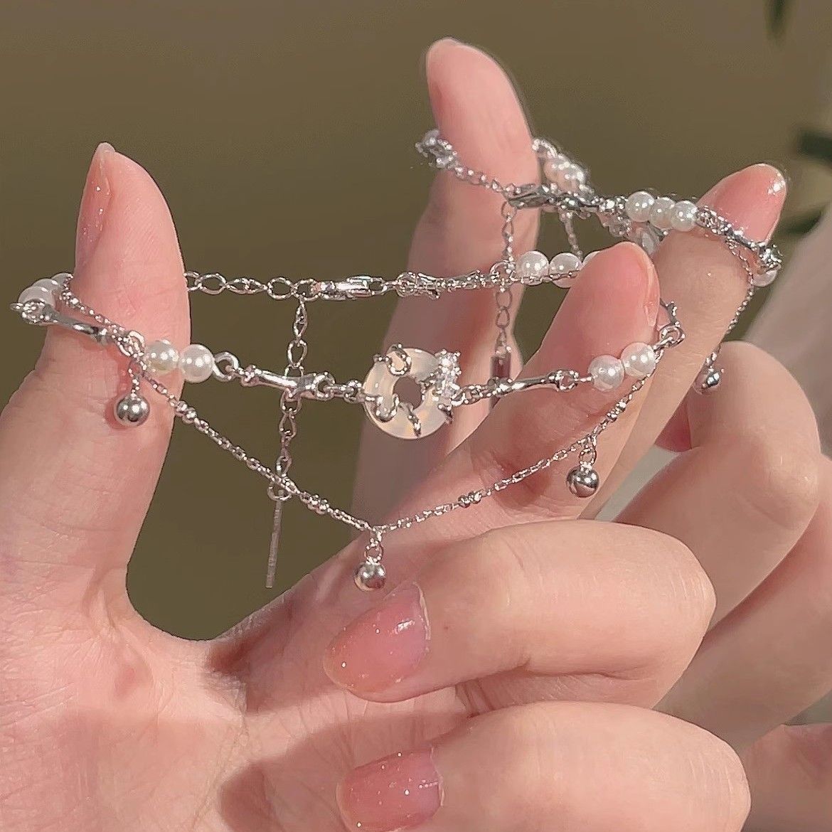 珍珠平安扣白玉髓手链女简约甜美个性小众礼物复古百搭气质