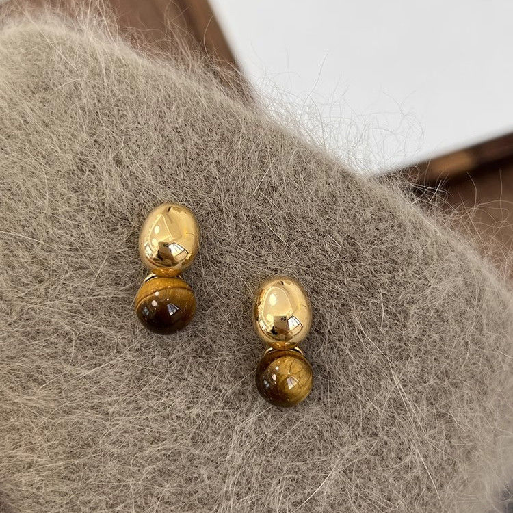 铜合金耳饰 一款两戴美拉德虎眼石小金豆后挂耳环高级感小众耳饰