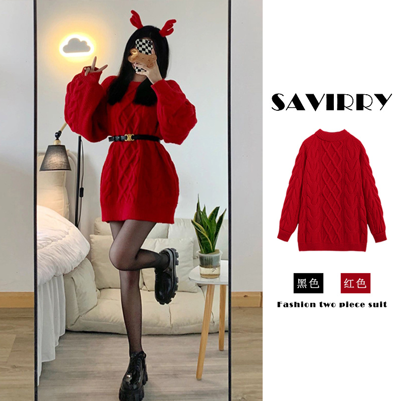 灯笼袖红色连衣裙女秋冬季2023新款龙年本命年衣服圣诞节内搭长裙