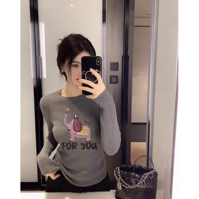 【红人上新】加绒打底衫女秋冬磨毛长袖t恤卡通大象印花内搭上衣