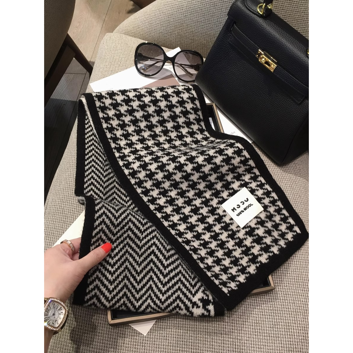 韩国秋冬季百搭千鸟格WOOL纯羊毛围巾情侣款保暖100%羊毛针织围脖