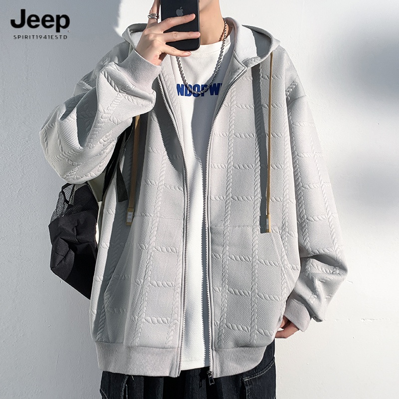 JEEP吉普提花开衫卫衣男秋季休闲百搭潮牌宽松连帽夹克外套男生大