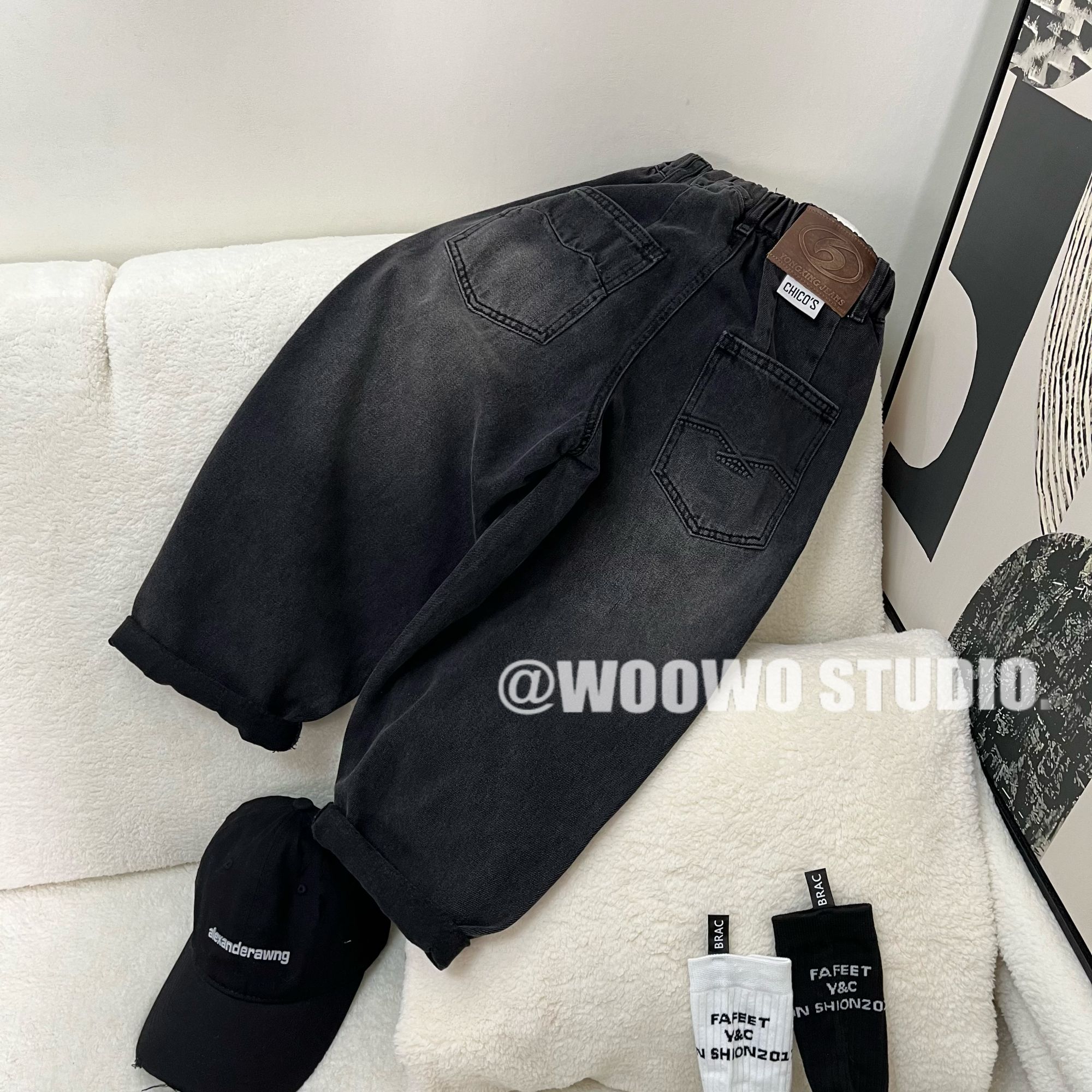 中大童春秋款韩版潮流黑牛仔裤