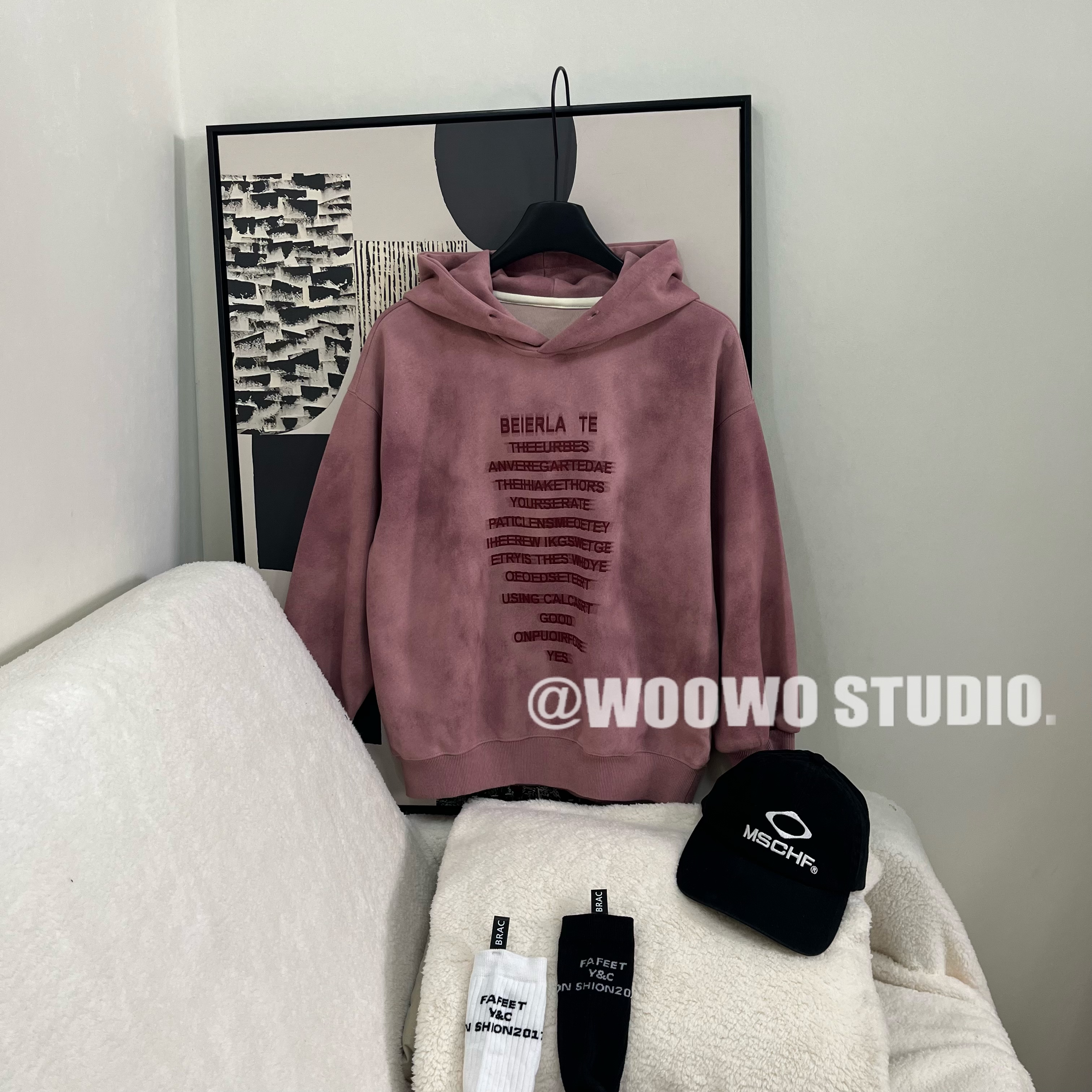 中大童秋季宽松满印字母长袖时尚休闲百带帽搭卫衣