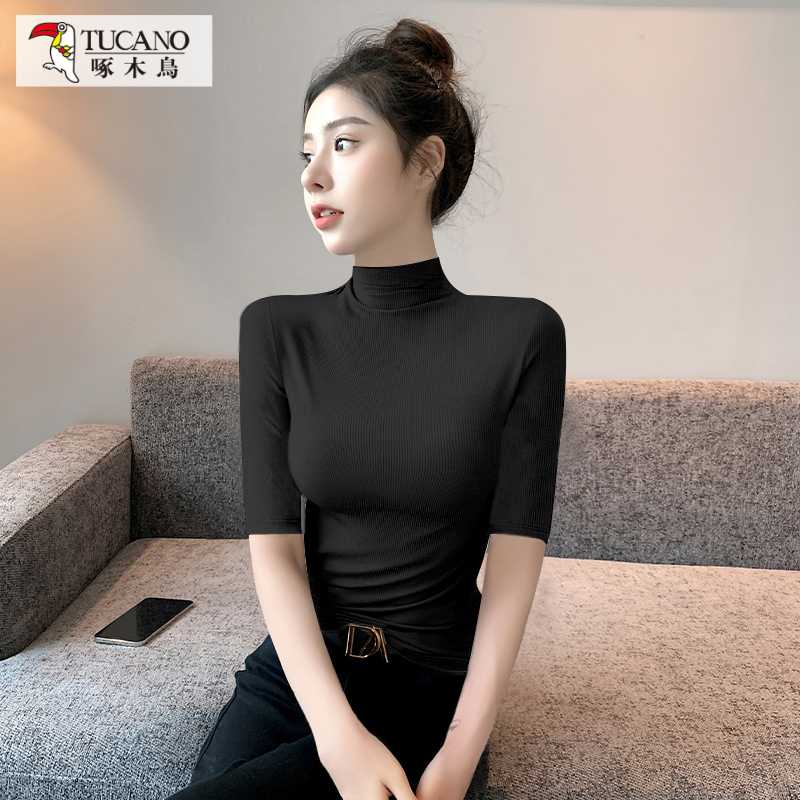 啄木鸟【TF4102】半高领中袖t恤女春秋季修身显瘦五分袖打底衫上衣