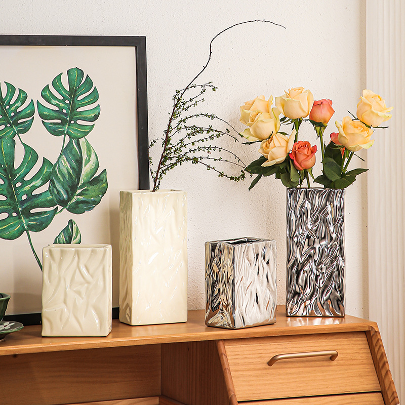 繁星奶油风简约北欧仿褶皱纸袋陶瓷装饰干花鲜花花瓶客厅插花摆件