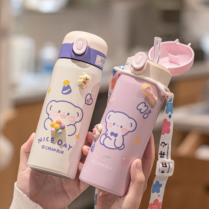 儿童保温杯可爱卡通带吸管水杯网红学生男女幼儿园大容量吸管杯子