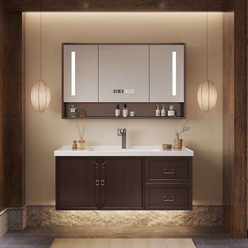 新中式风水镜柜实木橡木洗手洗脸洗漱陶瓷一体盆卫生间浴室柜组合