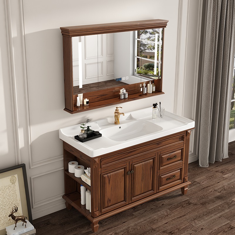 美式浴室柜红橡木洗手台一体陶瓷洗脸盆卫生间洗漱台智能卫浴定制