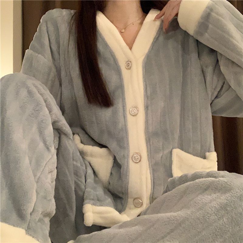 法兰绒睡衣女秋冬季长袖加厚加绒套装ins风高颜值冬天珊瑚绒冬款