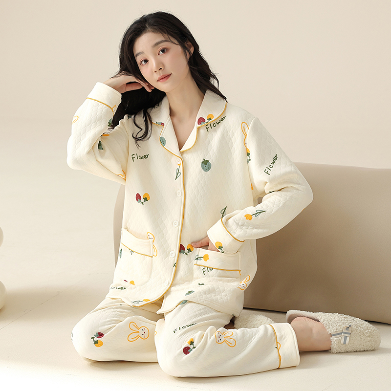 2023新款睡衣女加厚空气棉夹层秋冬季可外穿薄夹棉家居服套装