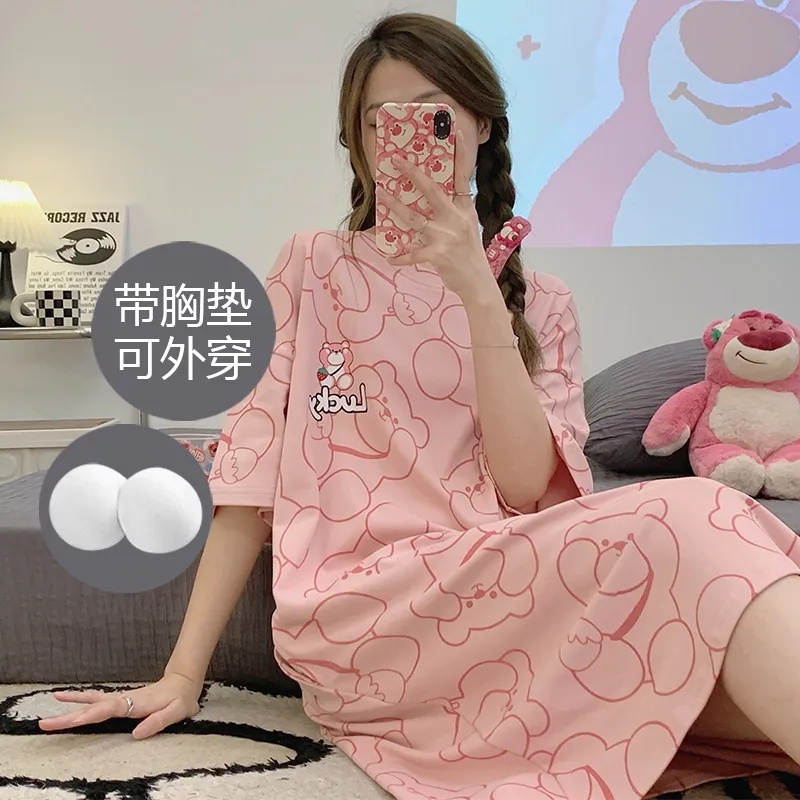 牛奶丝带胸垫的睡裙家居服可外穿夏季薄款宽松短袖睡衣女款爆款