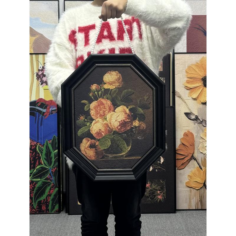 美式植物花卉客厅简约现代挂画法式餐厅壁画欧式复古轻奢八边形