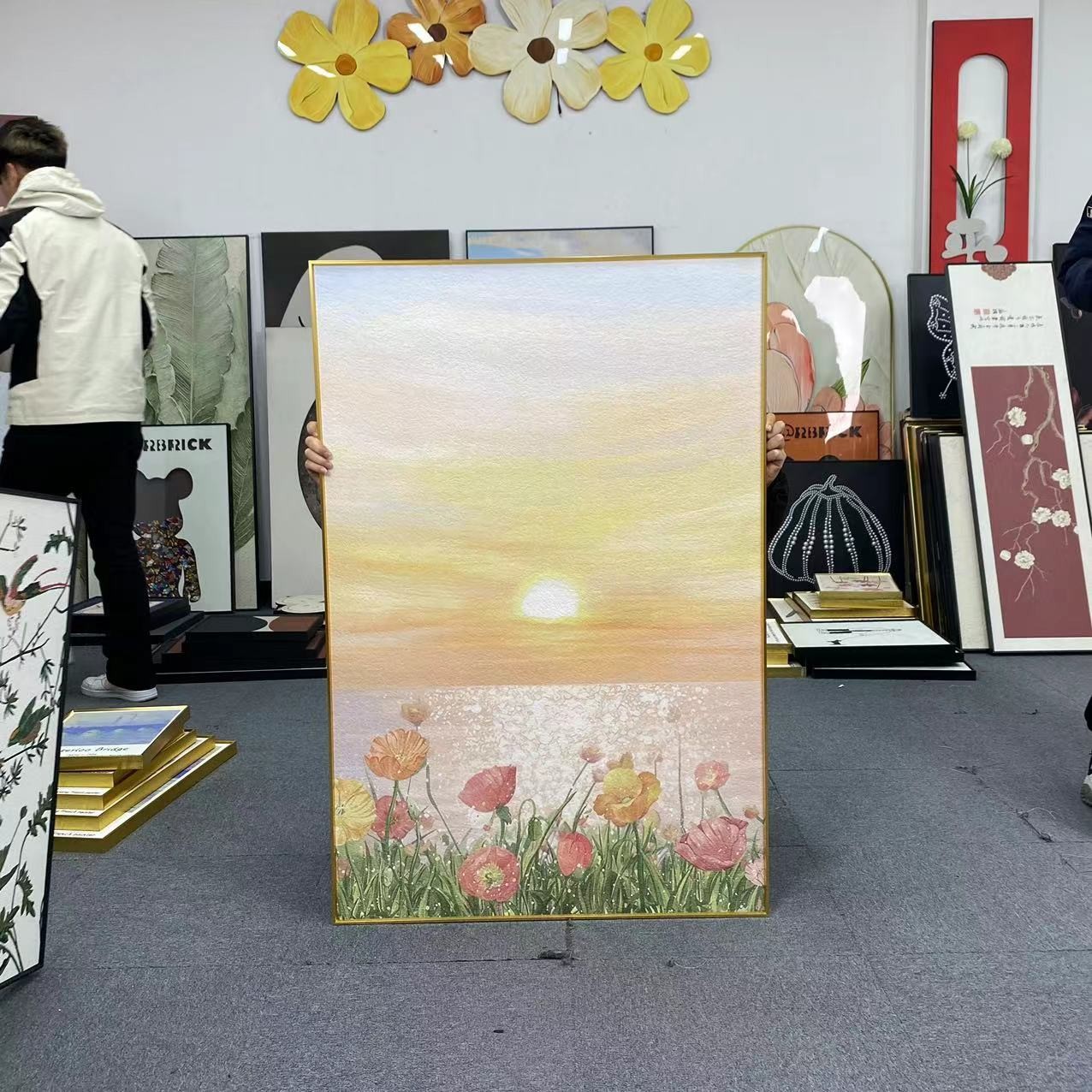 治愈系奶油日出海景装饰画客厅沙发背景墙壁画挂画太阳花卉80120