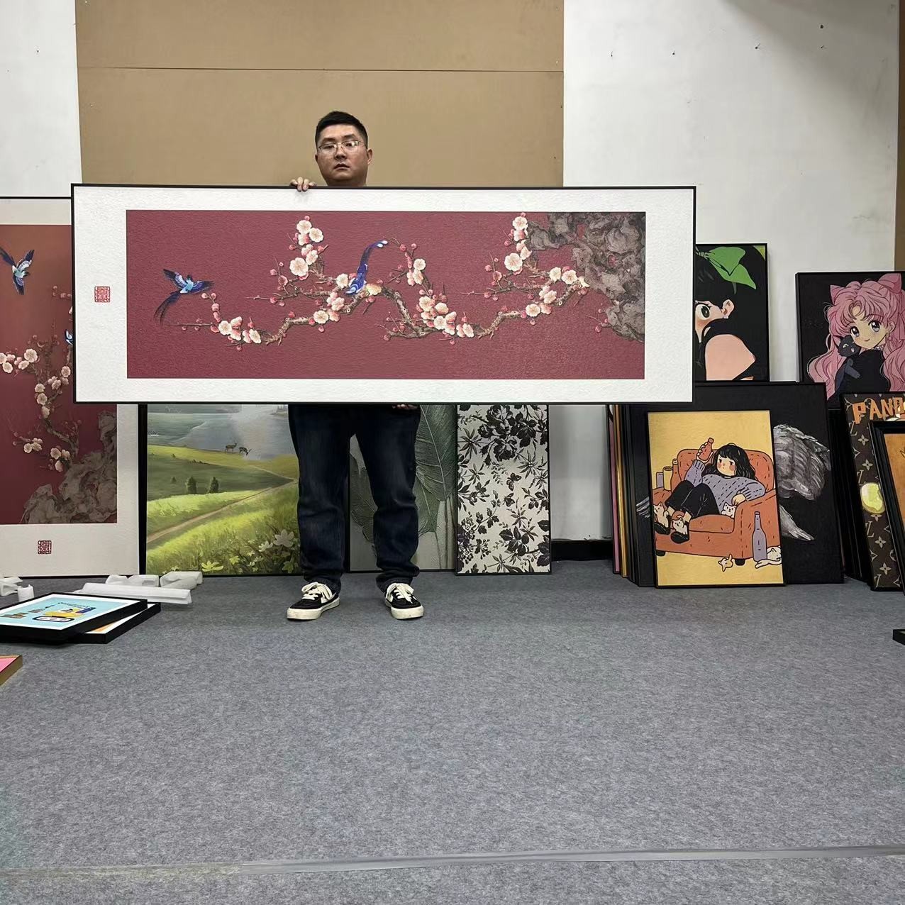 喜上枝头客厅装饰画新中式沙发背景墙挂画横幅喜庆花鸟壁画70200