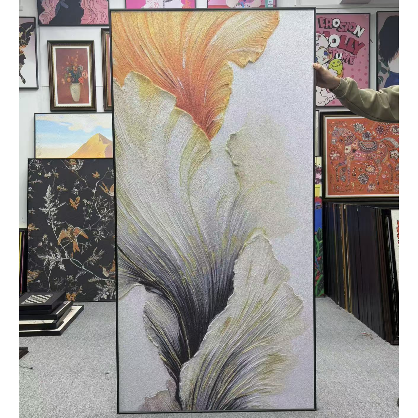 银杏叶玄关装饰画大芬村装饰画肌理抽象竖版走廊80160