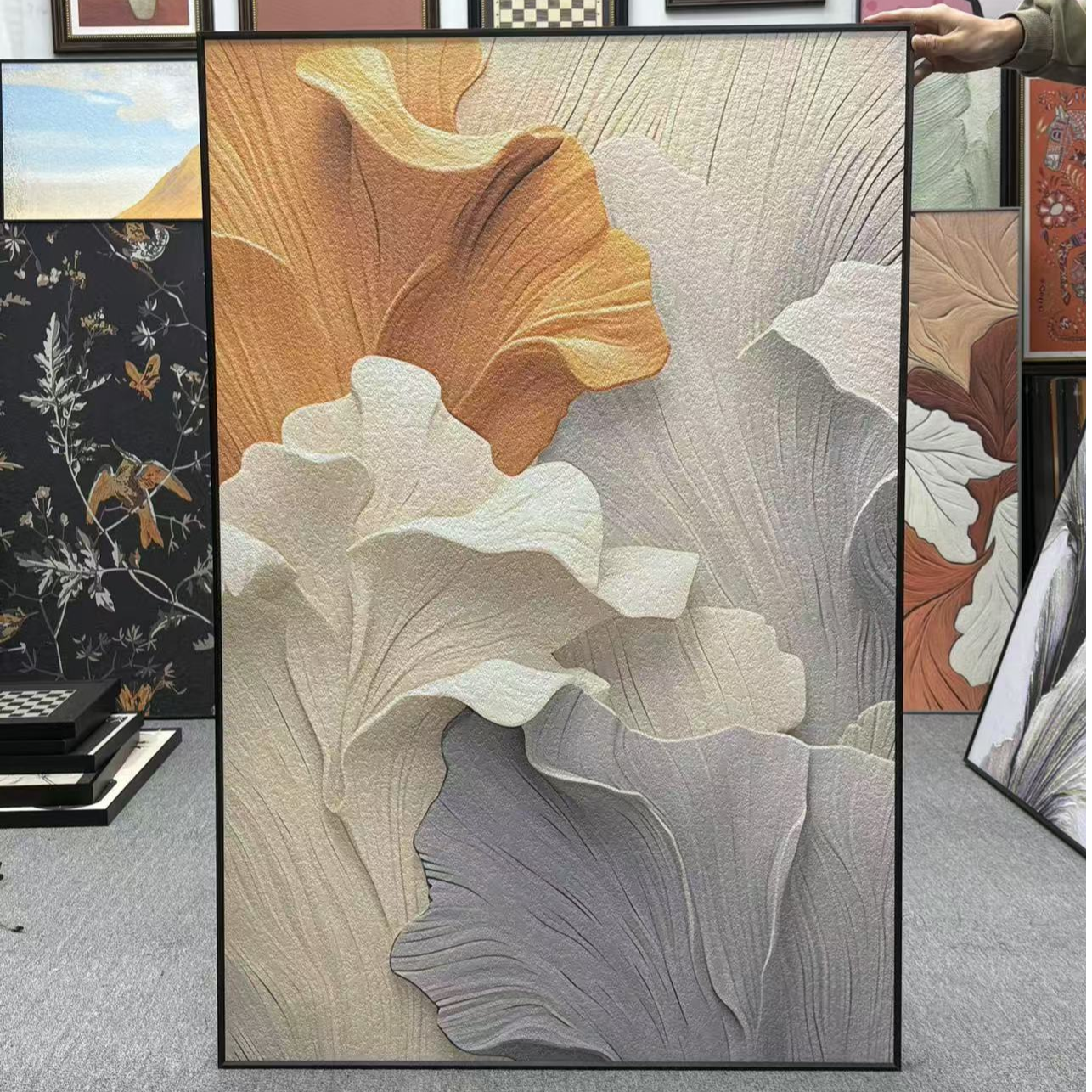 奶油风客厅装饰画抽象艺术银杏落地画沙发背景墙壁画玄关80120