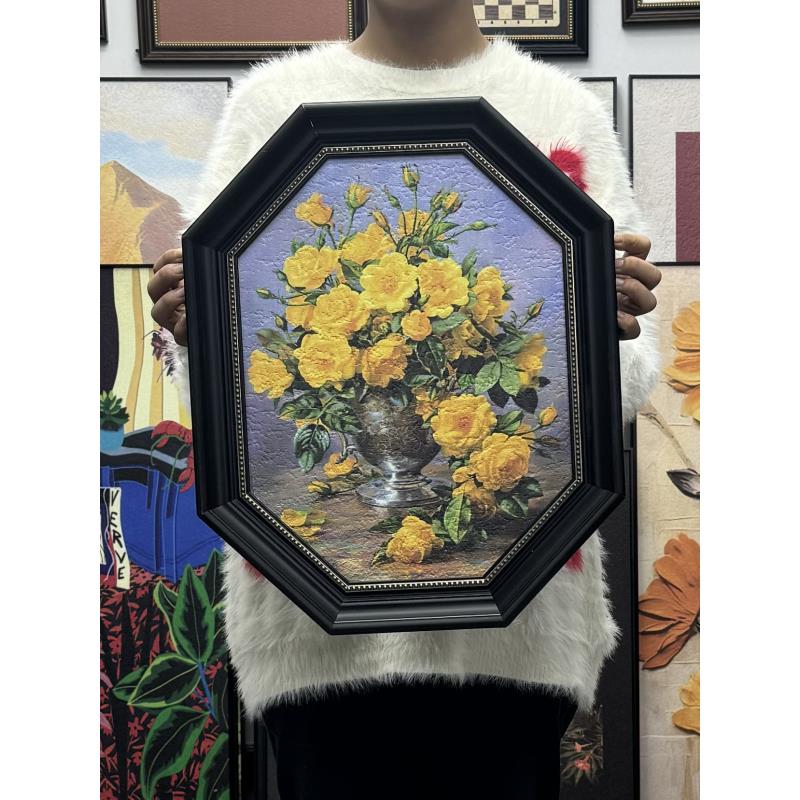 法式餐厅装饰画小众复古花卉书房挂画珍珠链条画美式画背景八边型