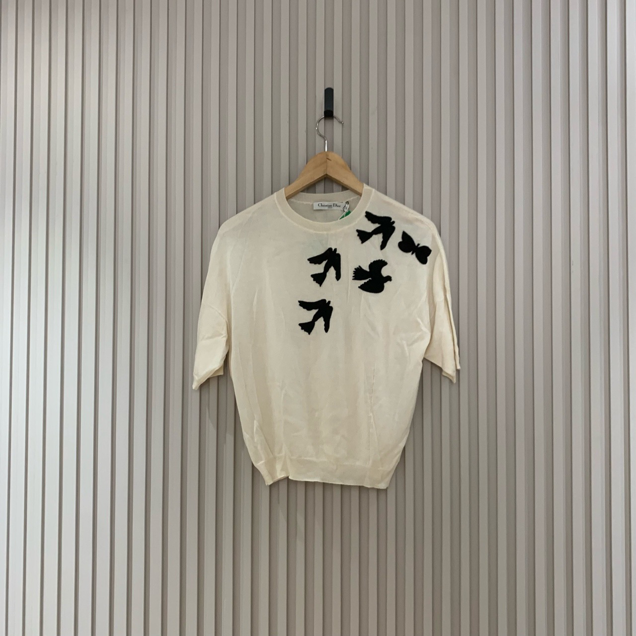 Dior米白色植绒信鸽羊绒针织短袖/36码/99新/14922