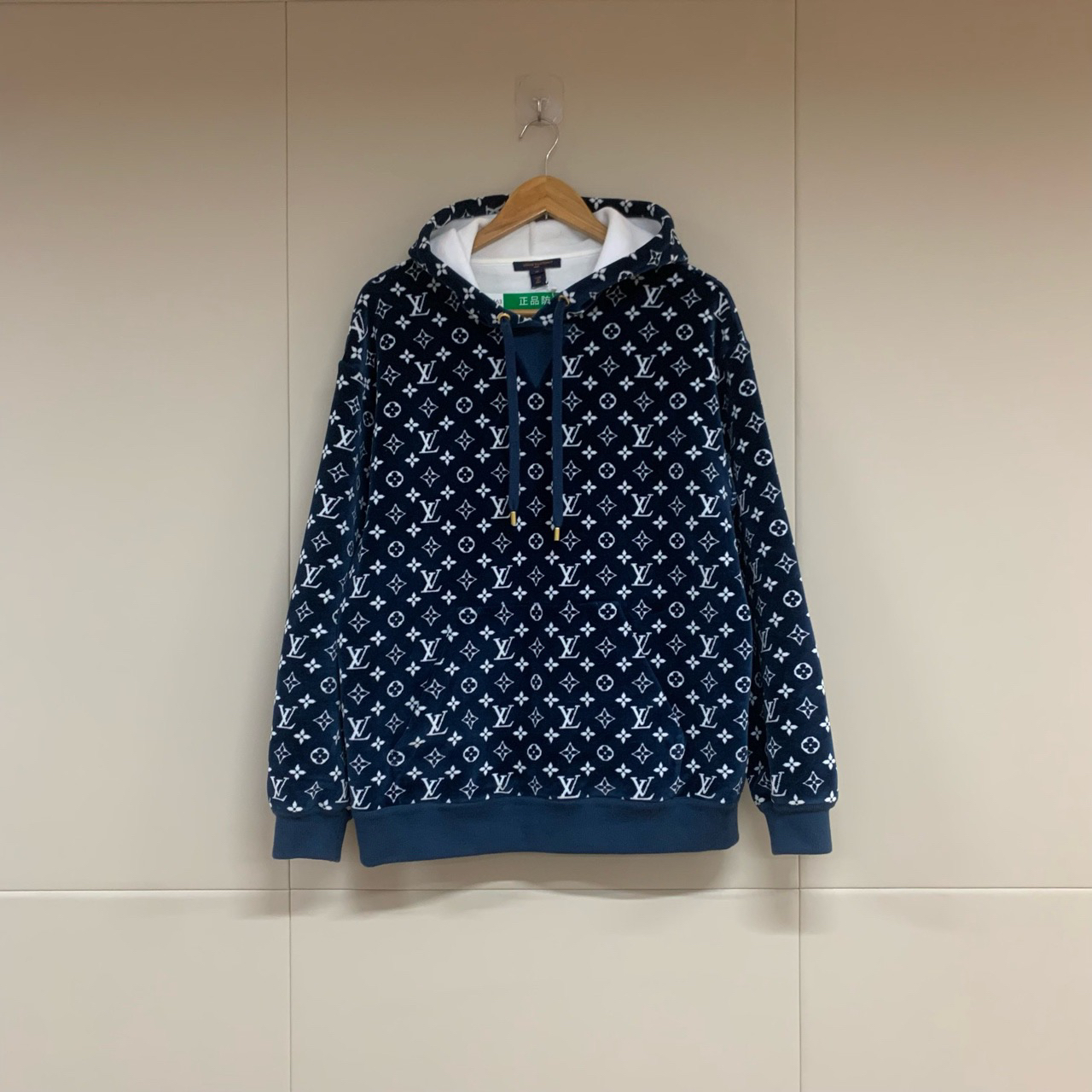 Louis Vuitton 24ss新款蓝色老花满印植绒帽衫/m码/存放品/14663