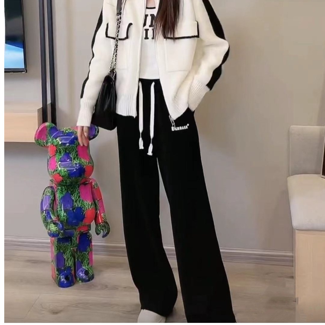 团2023年秋季新款黑色显瘦竖纹抽绳阔腿裤百搭女休闲高腰直通长裤