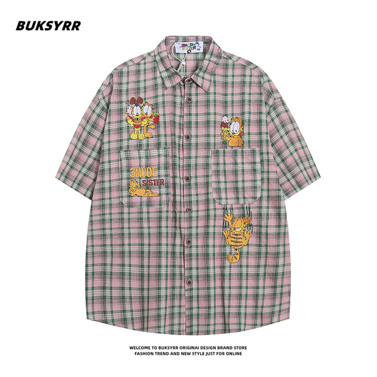 BUKSYRR美式复古撞色卡通刺绣格子短袖衬衫男女宽松潮牌情侣衬衣