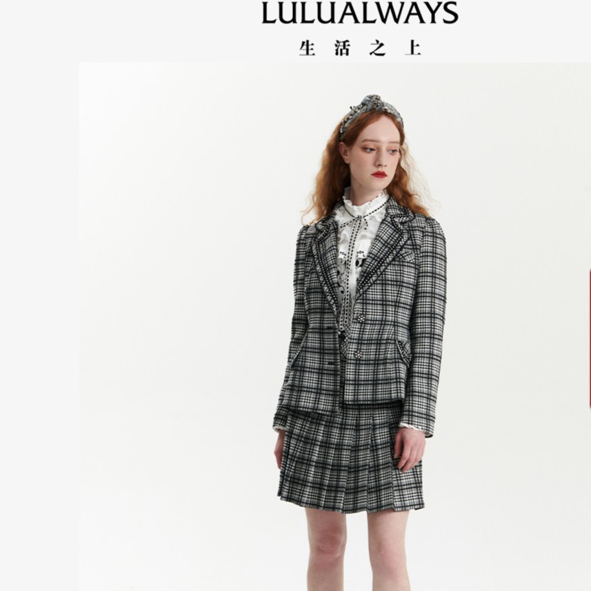 LULUALWAYS春新款休闲显瘦格子黑色百褶短裙OOA4005