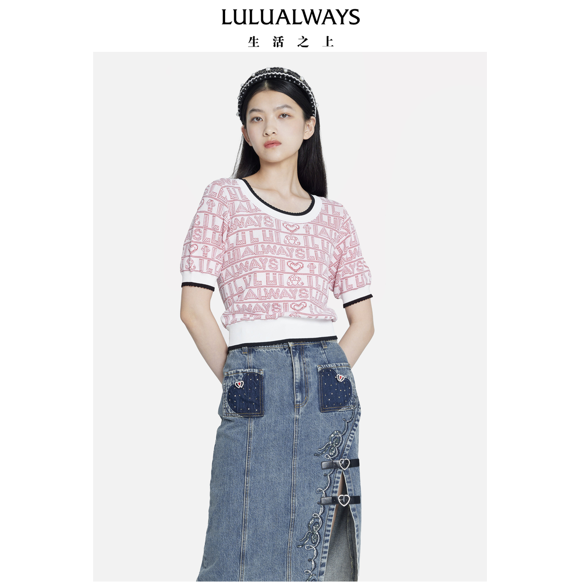 LULUALWAYS秋新款休闲圆领短袖针织套头衫LOC0007