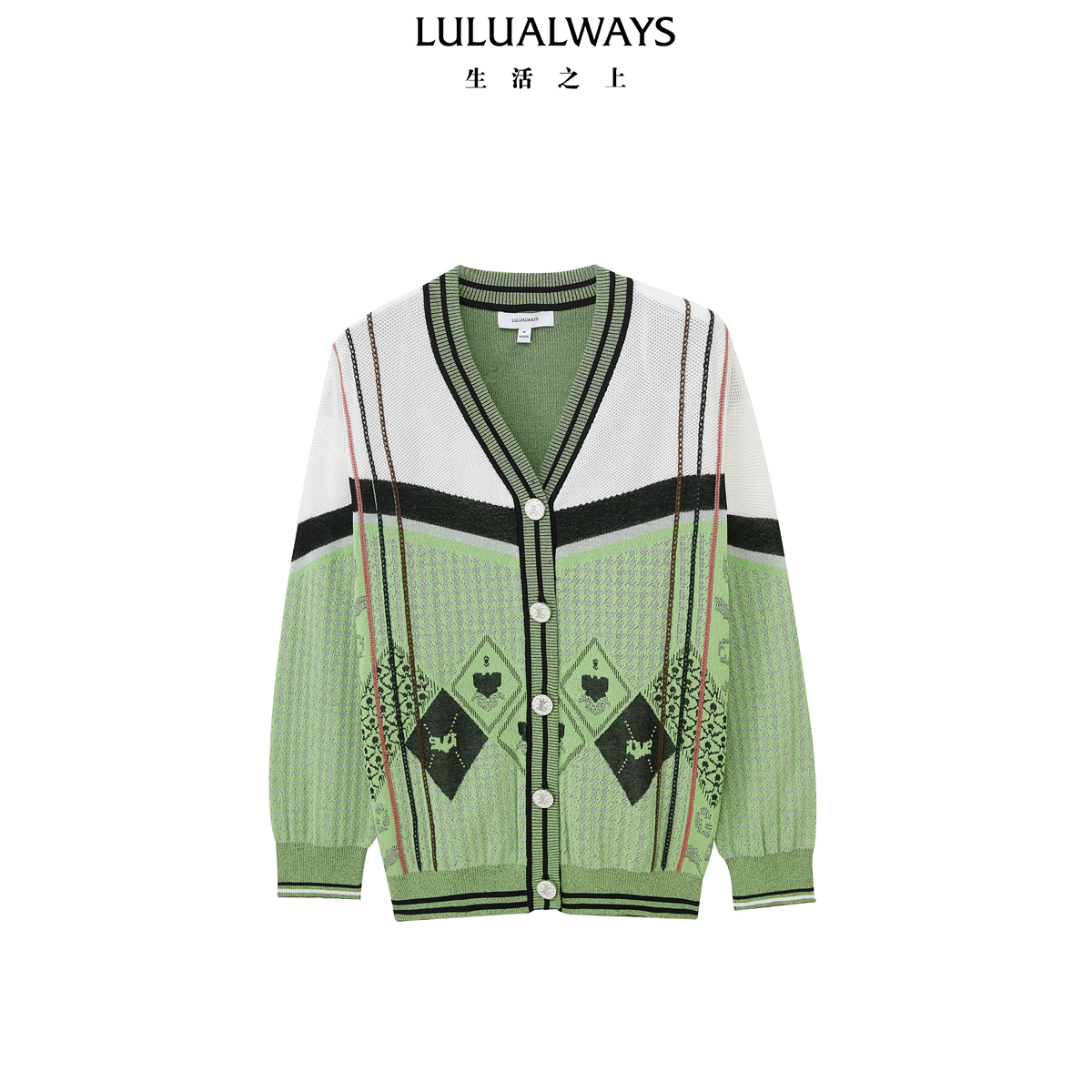 LULUALWAYS秋新款简约百搭撞色V领宽松针织开衫外套LOC0008