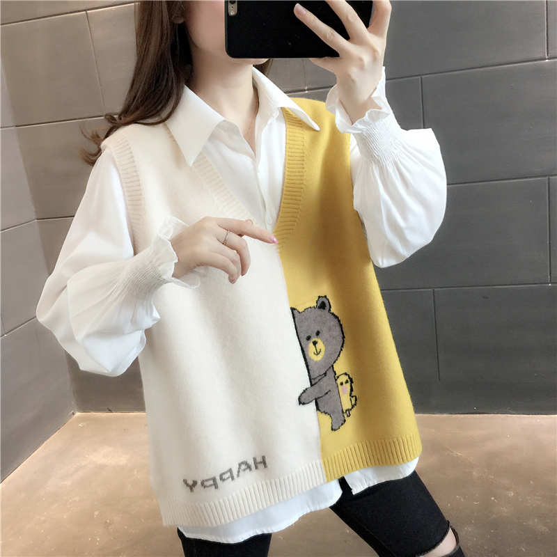 针织马甲背心两件套女春秋百搭纯色衬衫时尚洋气宽松女士背心套装