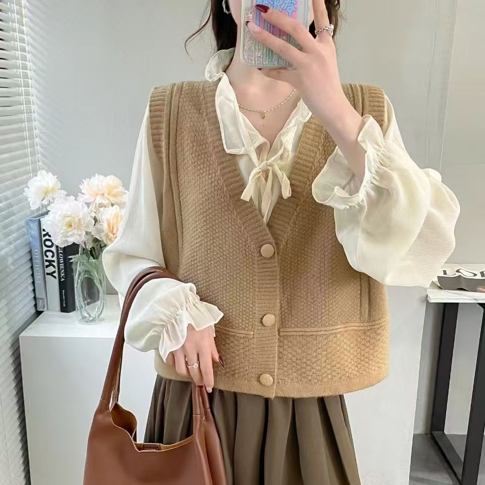 针织马夹女短款宽松简约叠穿百搭时尚V领开衫毛衣背心马甲女