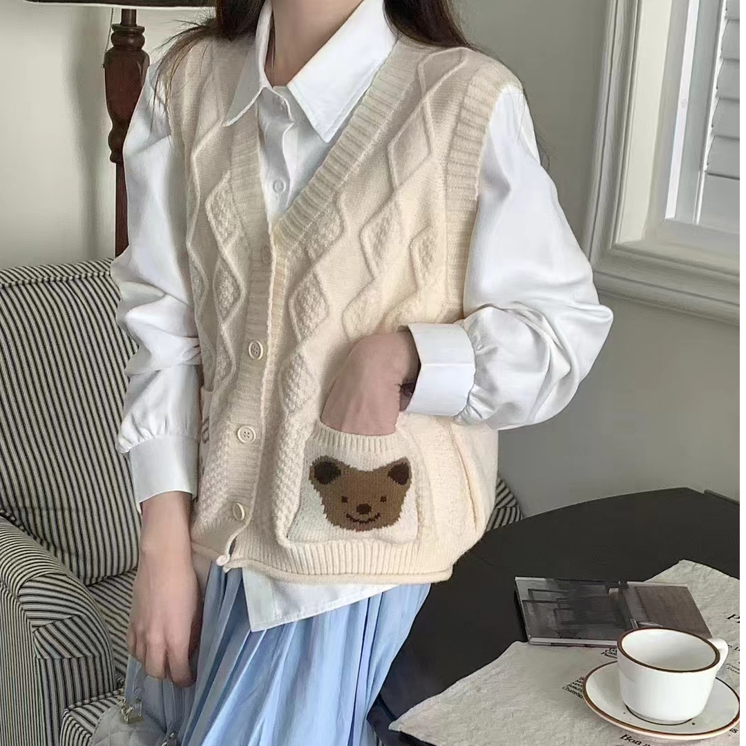 针织马甲女春秋短款小个子韩版宽松减龄V领开衫毛衣马夹女