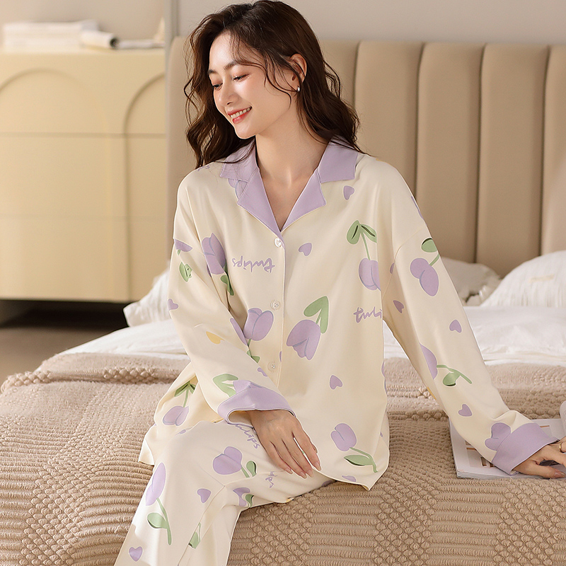 莉莉家睡衣女士宽松加厚纯棉简约郁金香长袖长裤开衫套装保暖睡衣